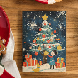 "Adorable niño decorando el árbol de Navidad perro