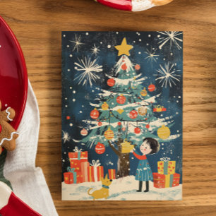 "Adorable niño decorando el árbol de Navidad perro