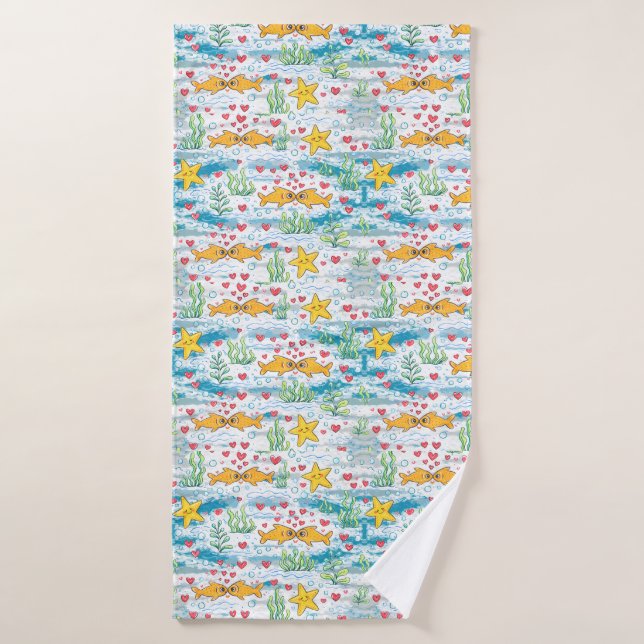 Adorable Ocean Love Pattern | Cute Fish & Starfish (Toalla de baño)