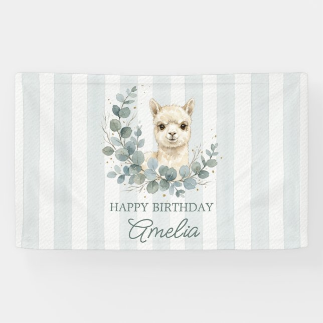 Adorable pancarta de cumpleaños de alpaca acuarela (Horizontal)