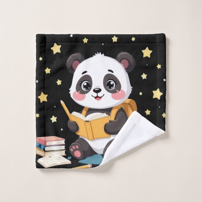 Adorable panda reading , stars,pattern  (Toallita)