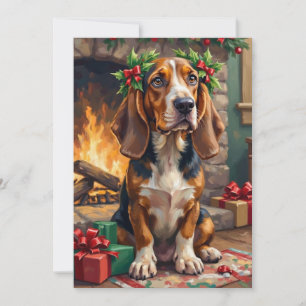 Adorable perro Basset Hound con corona de Navidad
