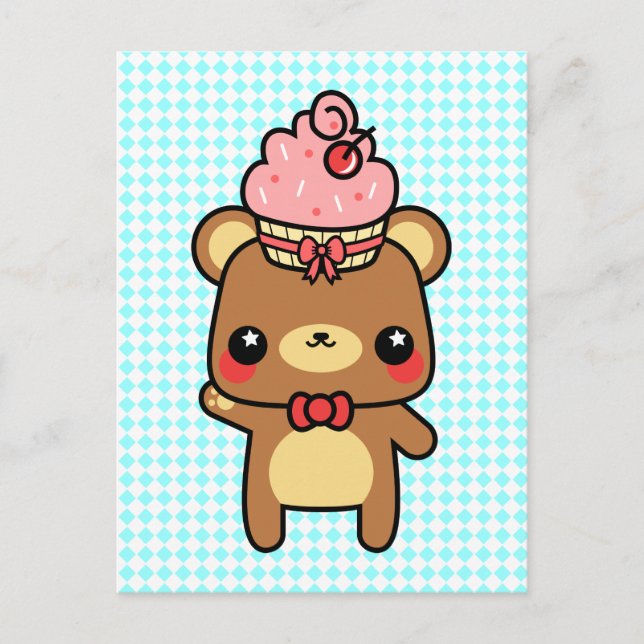 Adorable Personalizado Kawaii Bear Cupcake Postal (Anverso)
