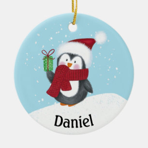 Adorable Pingüino con Nombre Adorno de Cerámica de