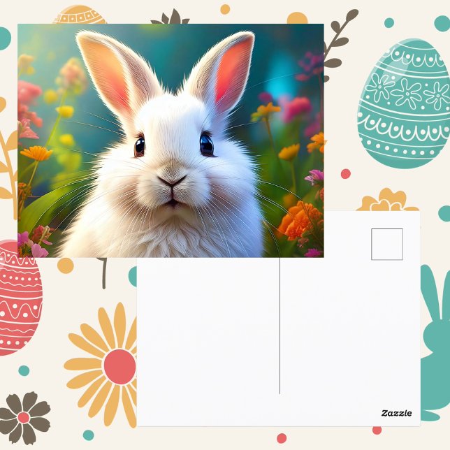 Adorable postal de conejito de Pascua (Easter bunny rabbit spring flowers easter greetings postcard springtime cute animal)