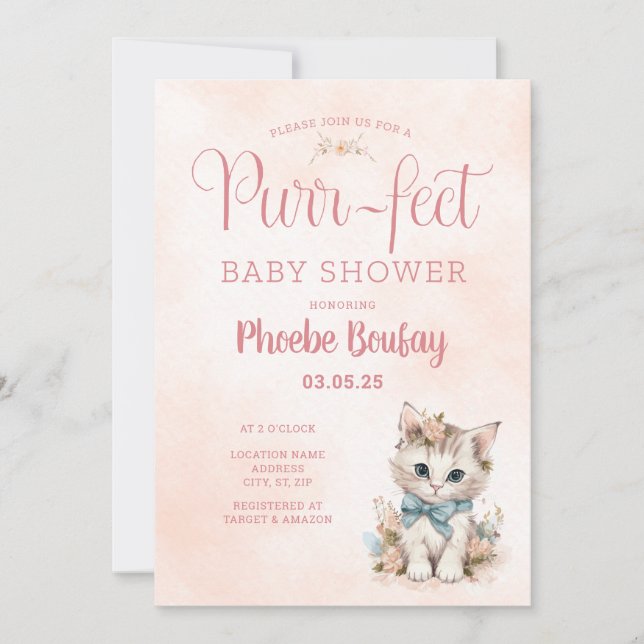 Adorable "Purr-fect" Kitten Baby Shower Invitación (Anverso)