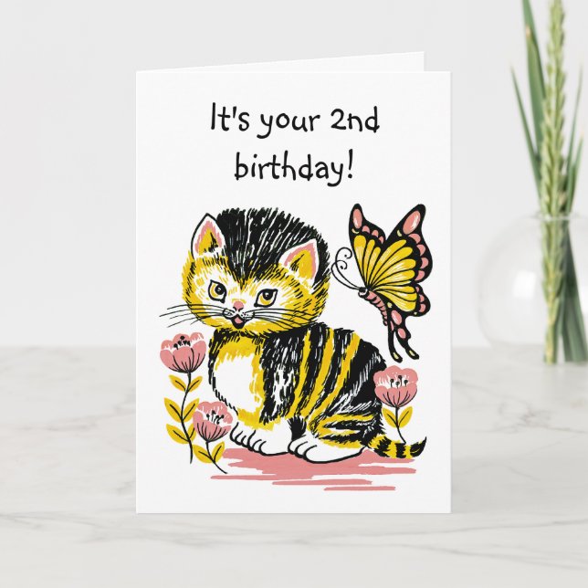 Adorable tarjeta de cumpleaños de gatito y maripos (Anverso)