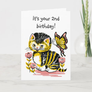 Adorable tarjeta de cumpleaños de gatito y maripos