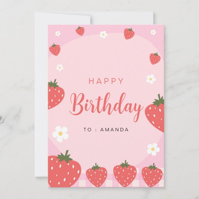 Adorable tarjeta de cumpleaños feliz de fresa rosa (Anverso)