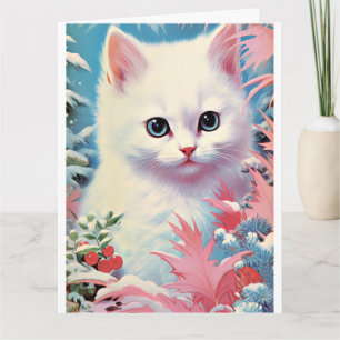 Adorable tarjeta de Navidades de gatito blanco - P