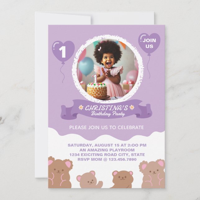Adorable Teddy Bear Invitación de primer cumpleaño (Anverso)