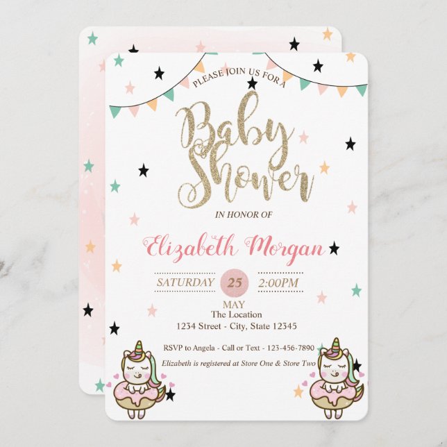 Adorable Unicornio, invitación Baby Shower a estre (Anverso / Reverso)