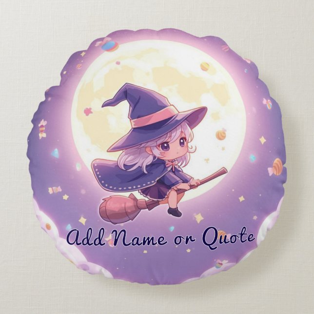 Adorable Witch Flying Halloween Almohada redonda (Anverso)