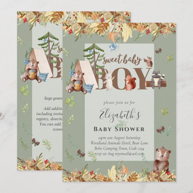 Adorable Woodland Bear Camping Boys Baby Shower In (Anverso / Reverso)