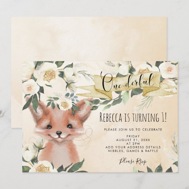adorable zorro floral onemaravilloso 1ª invitación (Anverso / Reverso)