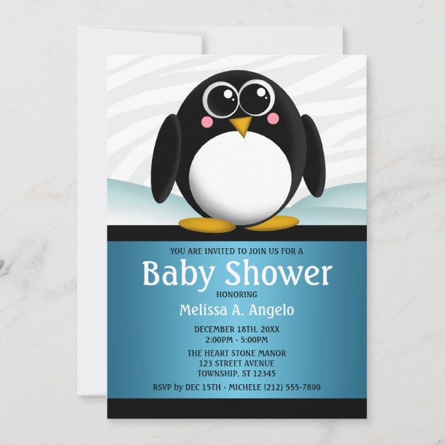 Adorables invitaciones a la ducha de pingüino azul (Anverso)