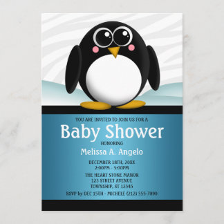 Adorables invitaciones a la ducha de pingüino azul