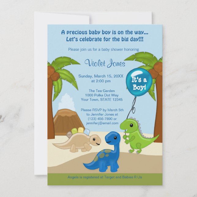 Adorables invitaciones para bebés de dinosaurios (Anverso)