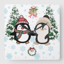Adorables Pingüinos de Navidad Reloj de Pared Cuad