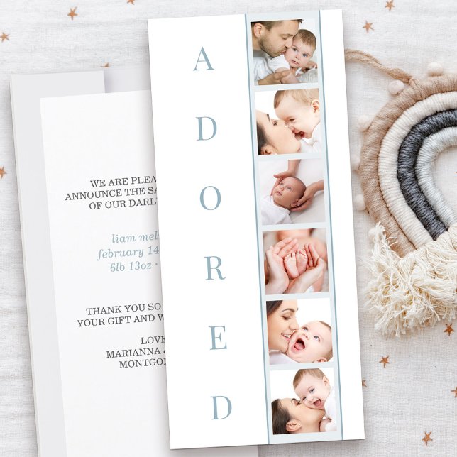 ADORED Stats Multi Photo Boy Nace Anuncio (Adored Baby Birth Announcement in blue with 6 photos and personal message)
