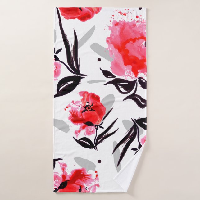 Adormidera roja en un fondo blanco con rayas grise (Toalla de baño)