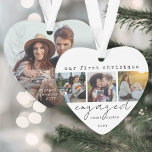 Adorno 1.ᵉʳ Navidad involucrado con un mínimo único 4 cor<br><div class="desc">Celebra la alegre primera festividad de tu compromiso con un collage de fotos del personalizado 4 "Nuestra primera Navidad comprometida" con un adorno acrílico en forma de corazón. Todos los textos e imágenes de esta plantilla son fáciles de personalizar. (IMAGEN PLACEMENT TIP: Una manera fácil de posicionar una imagen exactamente...</div>