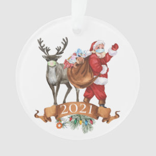 Adorno 2021 Covid Santa Reno Ciervo Acuarela Navidad