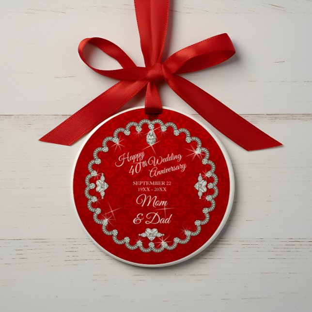 Adorno 40.º Aniversario del Boda Foto Roja Keepsake (Elegant 40th Wedding Anniversary Red Keepsake Photo Ornament)