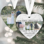 Adorno 4 Foto Primera Navidad como Mr. y Mrs. Faux Marble<br><div class="desc">Celebrar una feliz primera festividad como pareja casada con un collage de fotos de personalizado 4 "Nuestra primera Navidad como señor. y la señora", adorno acrílico en forma de corazón. Todos los textos e imágenes de esta plantilla son fáciles de personalizar. (IMAGEN PLACEMENT TIP: Una manera fácil de centrar una...</div>