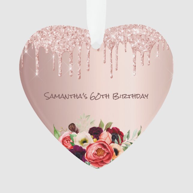 Adorno 60 años rosa purpurina oro gotea flores rosadas (Anverso)