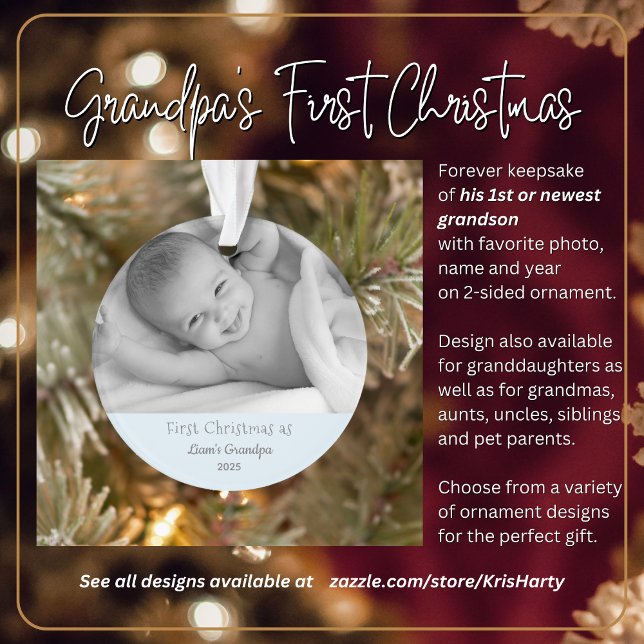 Adorno Abuelo 1er Navidades Nombre de foto personalizado  (Grandpa's First Christmas with 1st or newest grandson. Gift him this forever keepsake he'll love.)