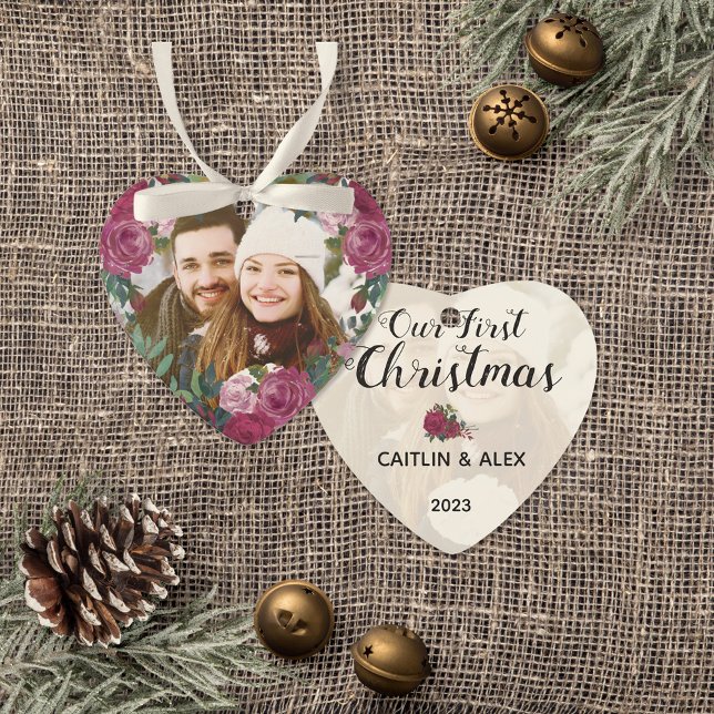 Adorno Acuarela Rosa Rosa Pareja Foto Primera Navidad (Couple's First Christmas Keepsake Heart-Shaped Ornament with Photo, Names, and Year)