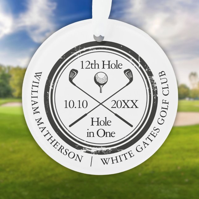 Adorno Agujero de Golf Personalizado en Uno Retro Negro y (Custom Golf Hole In One Retro Black And White Ornament)