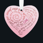 Adorno Amantes Románticos Juramento Caligrafía Corazón<br><div class="desc">Un adorno conmemorativo para bodas, compromisos o aniversarios, que presenta un diseño de caligrafía romántica que se espiraliza en forma de corazón, hecho completamente a partir de un voto poético entre enamorados. La letra fluye en burgundy y rosa cálidos sobre un gradiente suave de color rosa, creando una imagen impactante...</div>
