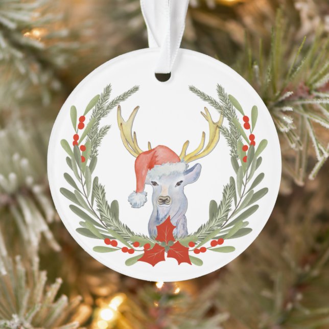 Adorno Antler Deer Santa Hat Wreath Kids (Árbol)