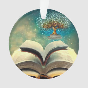 Adorno Árbol de pilas de libros y libros abiertos