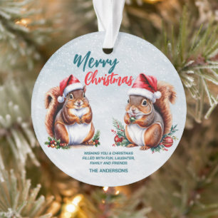 Adorno ardilla gorrión Santa hat nieve Feliz Navidad