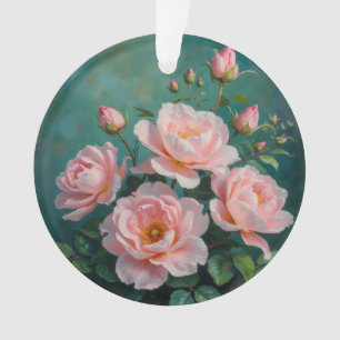Adorno Arte de Peonías Rosadas sobre Verde Esmeralda
