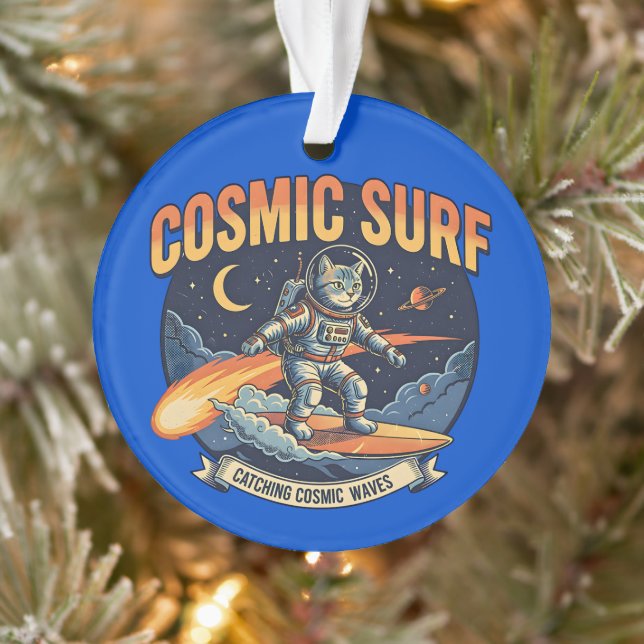 Adorno Astronaut Cat Surfing Comic Waves  (Árbol)