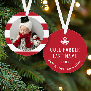 Adorno Baby First Christmas Modern Red Stripes Photo
