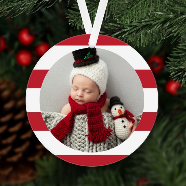 Adorno Baby First Christmas Modern Red Stripes Photo (Subido por el creador)