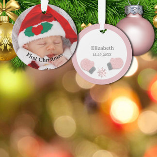 Adorno Baby First Christmas Pink Mittens Photo Ornament
