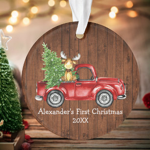 Adorno Baby First Christmas Red Truck Moose Rustic