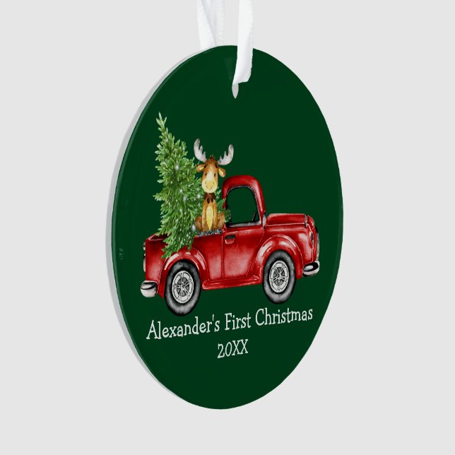 Adorno Baby First Christmas Truck Moose FOTO BACK Green (Anverso)