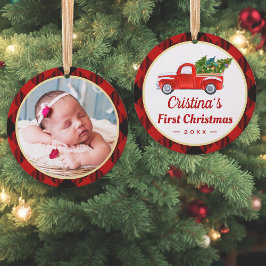 Adorno Baby First Christmas Truck Red Plaid Photo