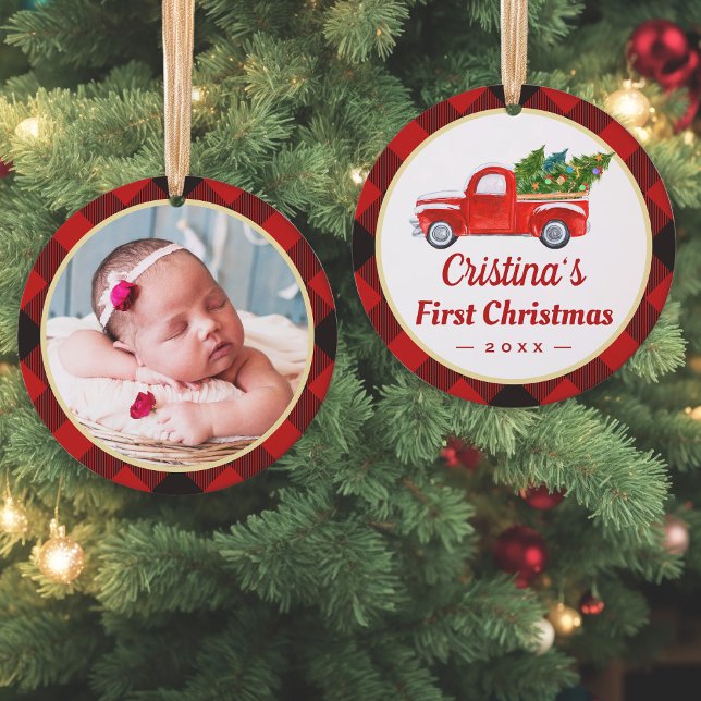 Adorno Baby First Christmas Truck Red Plaid Photo (Sample 1)