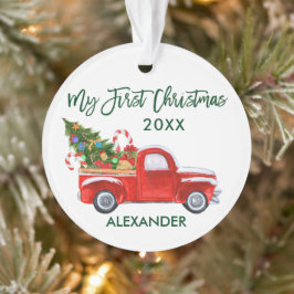 Adorno Baby My First Christmas Red Truck Green Script