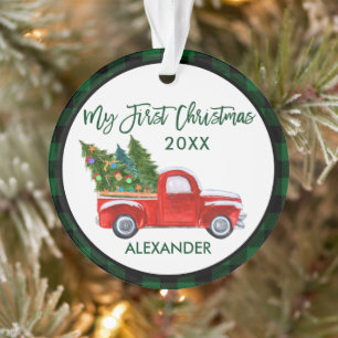 Adorno Baby My First Christmas Vintage Truck Green Plaid
