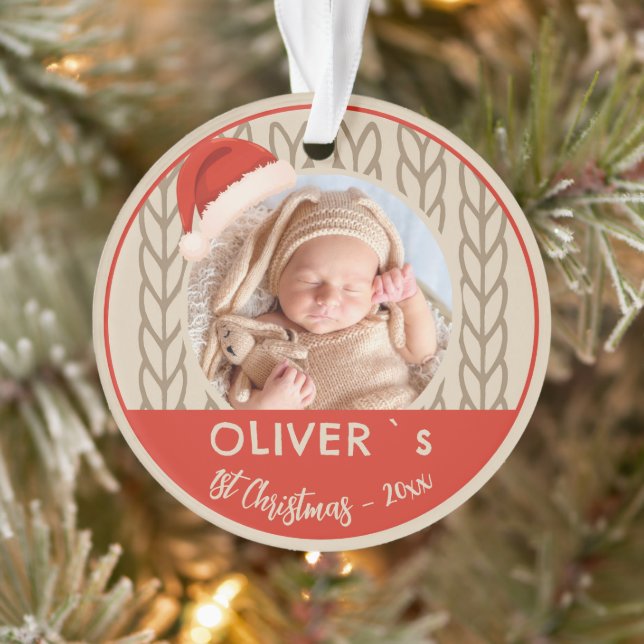 Adorno Baby`s 1st Christmas Santa Hat Knitting Photo (Árbol)