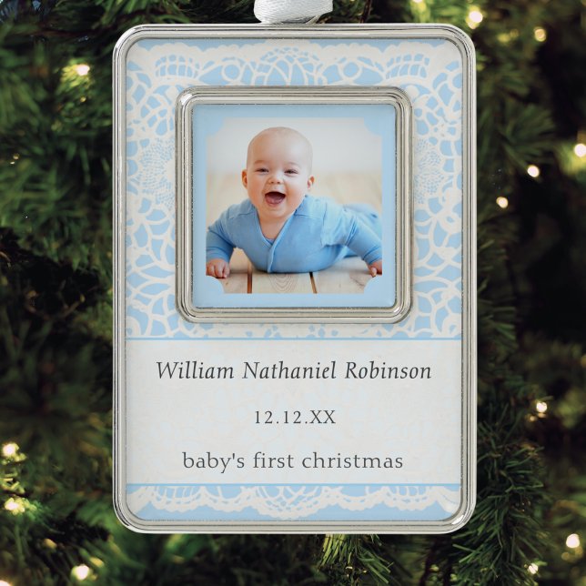 Adorno Baby's First Christmas Blue White Lace Photo (An ornament for Baby's First Christmas, with custom photo and text, in blue with white lace effect)